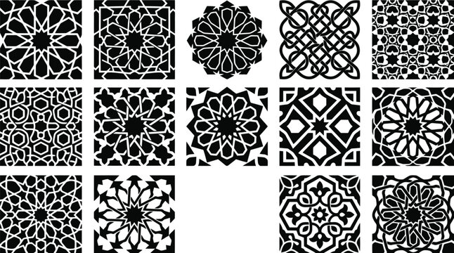 Intricate Islamic Geometric Patterns and Tessellations in Black and White for Decorative Backgrounds Keywords: Islamic pattern, geometric pattern, tessellation, arabesque, mosaic, ornament