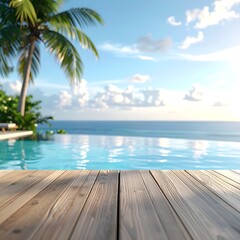 Fototapeta premium A serene tropical scene with a wooden deck overlooking a pool and ocean (3)