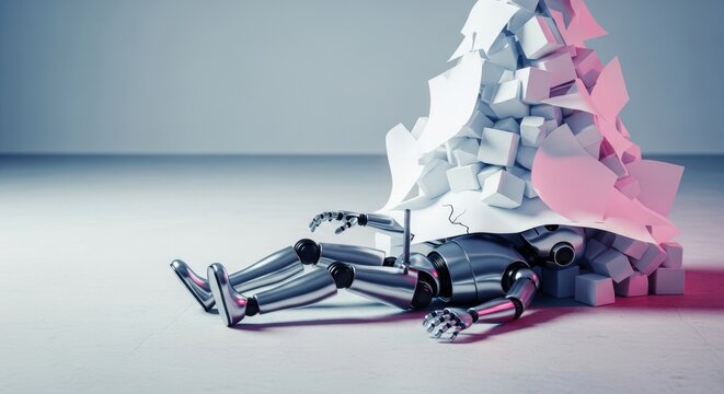A sleek metallic robot lies pinned beneath a towering mountain of heavy white paper and blocks on a sterile floor, symbolizing exhaustion, metallic, tired, pile