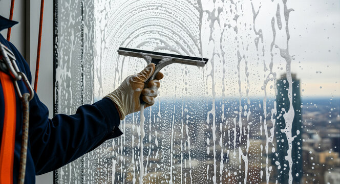 Professional window cleaner using a squeegee on a skyscraper. Worker in safety gear cleaning glass with city view. Maintenance service concept, ideal for industrial cleaning marketing.