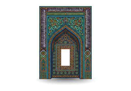 Decorative islamic mihrab arch design with intricate geometric patterns and arabic calligraphy for mosque interior architecture and religious wall art