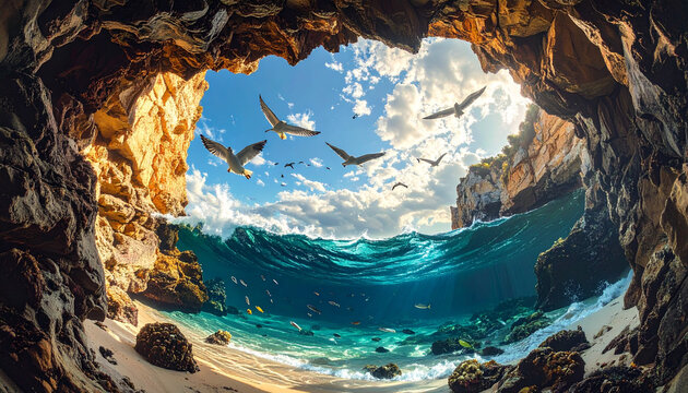 Cave entrance seascape with birds