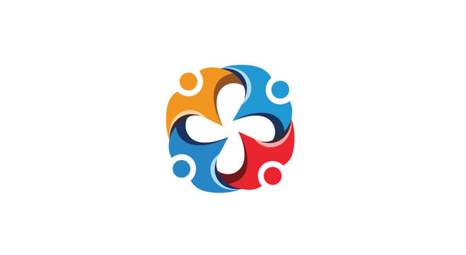 Circular abstract logo design featuring four interlocking stylized human figures in blue, orange, and red vibrant colors.