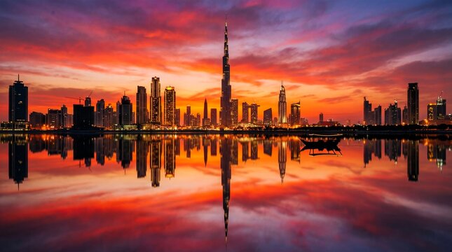 Stunning sunset skyline of dubai city with burj khalifa and reflection in the water, united arab emirates