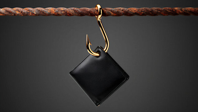 Golden hook baiting a dark valuable, suspended from a rusty rope, powerfully illustrating the perilous allure of financial traps and deceptive opportunities