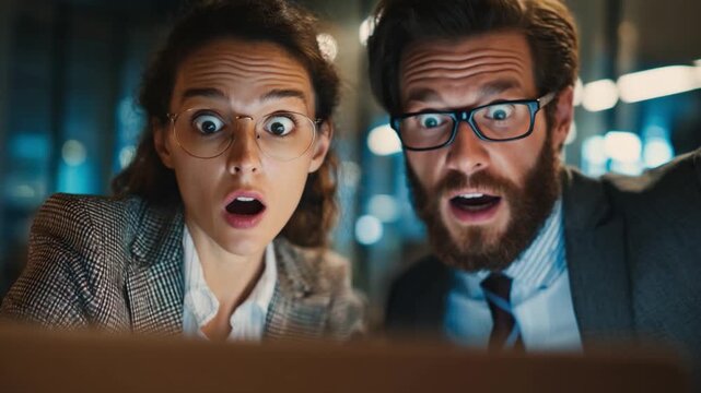 Startled at the Screen: Two business professionals, eyes wide with astonishment, stare intently at a laptop screen, their expressions reflecting shock, disbelief, and surprise. 