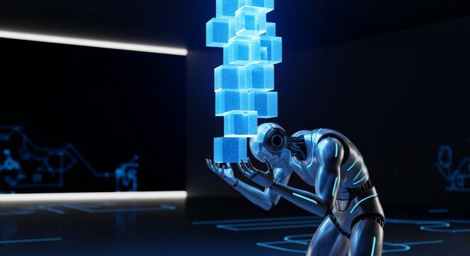 A sleek metallic humanoid robot struggles to balance a precariously high stack of glowing blue holographic cubes in a dark tech environment, illustration, mechanic, neon