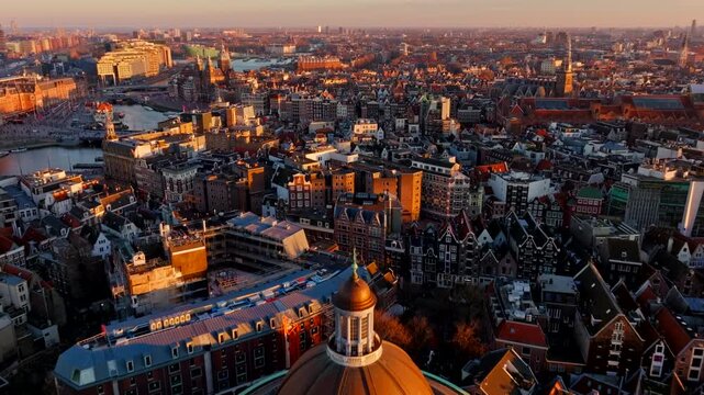 Amsterdam City Centre Aerial View at Golden Hour in 4K