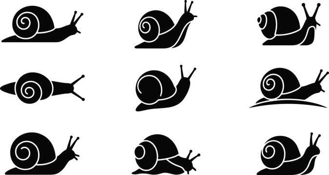 Nine black silhouette icons of snails in various poses and movements on a white background mollusk gastropod