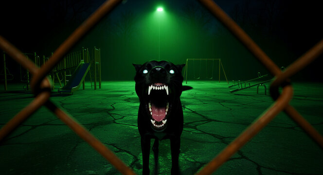 Aggressive dog with glowing eyes snarling through a fence at night. Spooky playground setting with eerie green light. Horror concept ideal for Halloween promotions and suspenseful storytelling.