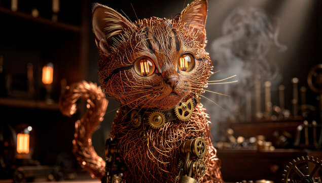 Whimsical Steampunk Copper Wire Kitten with Luminous Eyes, an Intricate Mechanical Clockwork Feline Sculpture Art Piece in a Vintage Industrial Workshop Setting