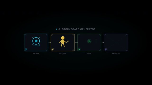Ai Animation Generator Flowchart for an ai storyboard generator. Suitable for creating visual representations of ai storytelling processes and project planning concepts.
