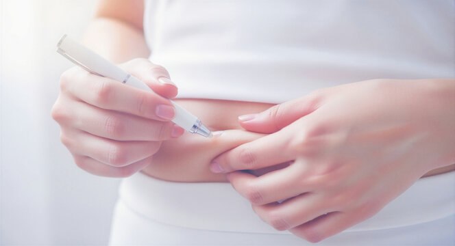 Woman using an insulin pen to inject medication into her abdomen. Close-up of hands administering a subcutaneous injection. Diabetes care and weight loss treatment concept for healthcare marketing.