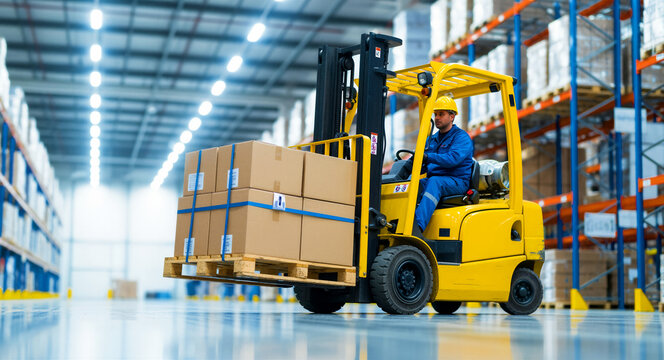 Worker driving a yellow forklift with a loaded pallet in a warehouse. Operator transporting boxes through an industrial facility. Logistics concept for supply chain and shipping marketing.