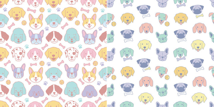 Cute dog face seamless pattern with colorful pastel puppy heads vector illustration