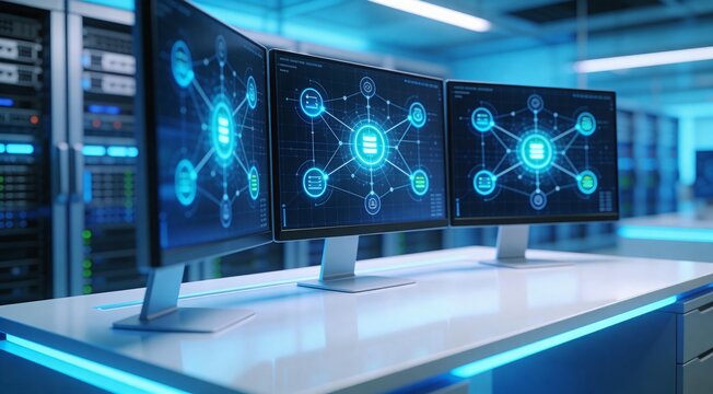 Enterprise observability and platform resilience workspace inside a pristine server room with three topology monitors for outage prevention, diagnostics and service continuity