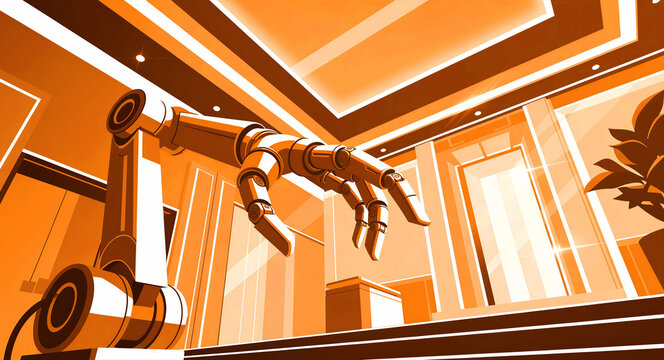 Robotic arm reaching forward in a modern office space. Advanced mechanical hand represents automation and AI in a corporate environment. Ideal for tech innovation and digital transformation ads.