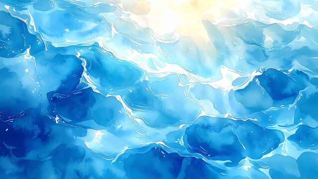 Abstract watercolor blue water with shimmering sunlight reflections and peaceful summer design concept