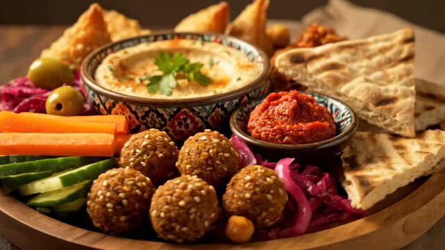 Authentic middle eastern vegetarian mezze platter with hummus, falafel, samosas, pita bread, and fresh vegetables served on a rustic wooden board