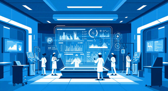 Doctors monitoring patient data on futuristic holographic screens. Medical professionals analyzing clinical charts in a high-tech laboratory. Healthcare technology concept for medicine innovation.