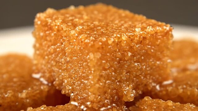 Extreme macro close-up of a golden cube of confectionery coated in sparkling crystallized sugar granules, highlighting the rich texture of the sweet dessert