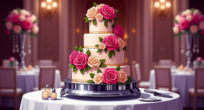 Elegant four-tier wedding cake decorated with pink and cream roses on a silver stand. Situated in a luxury banquet hall with soft bokeh lighting. Perfect for wedding planning and venue promotion.