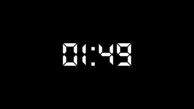 Digital countdown timer clock with white led seven-segment display on black background, for time management, and event sequences