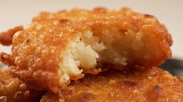Extreme macro close-up of golden crispy deep-fried fritter or potato pancake, highlighting the delicious battered texture and fluffy interior.