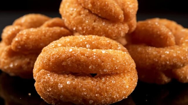 Close-up macro stack of golden fried dough pastries, heavily coated with sparkling sugar crystals (fritters/donuts), captured on a reflective black background.