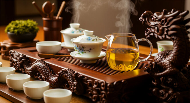 Traditional Chinese tea ceremony with steaming green tea on a carved dragon tray. Porcelain gaiwan and tea cups are prepared for a ritual service. Peaceful oriental wellness concept.