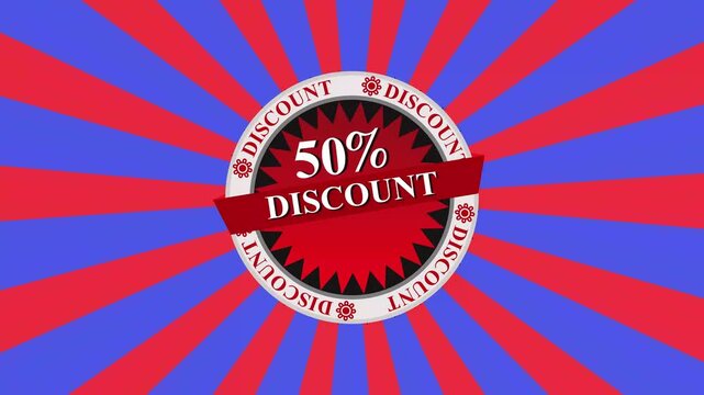 50% discount animated badge on sunburst background, for retail sales, and marketing promotions