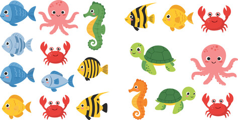 Cute cartoon ocean animals collection featuring fish crab octopus turtle and seahorse, colorful marine life vector illustration set for kids and aquarium design © Bokul