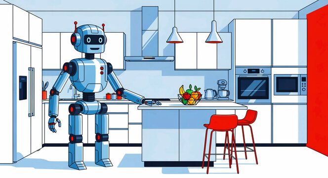 Humanoid robot standing in a modern kitchen. Futuristic android assistant in a domestic environment. Artificial intelligence and smart home concept for automation and technology lifestyle.