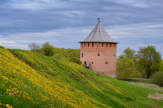 The brick Alekseevskaya Tower near the ramparts of the ancient fortress in Veliky Novgorod, Novgorod region of Russia