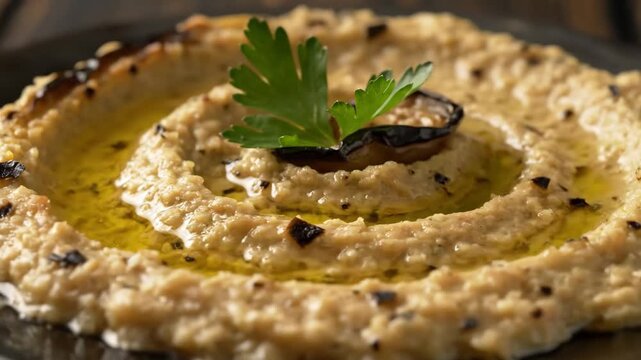 Closeup of smooth, traditional baba ghanoush dip or hummus garnished with virgin olive oil and fresh parsley, presented on a dark plate for mediterranean cuisine concepts.