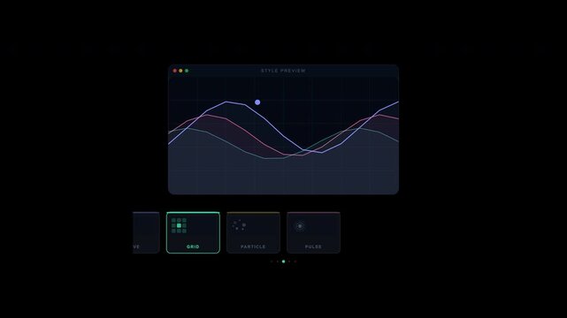 Ai Animation Generator Dark interface with graphs and control buttons for technology, finance, data analysis websites or applications. Ideal for business presentations.