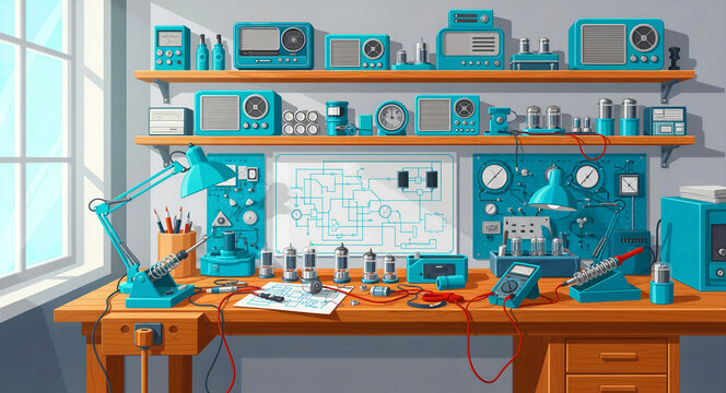 Vintage electronics workshop with radios and soldering tools. Engineering lab with vacuum tubes, schematics, and teal equipment. Repair concept ideal for technical education and DIY blogs.
