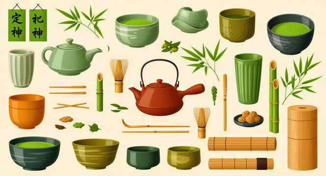 Traditional Japanese matcha tea ceremony equipment and tools set. Illustration featuring chawan bowls, chasen whisks, kyusu teapots, and bamboo leaves. Zen wellness and Asian culture design concept.