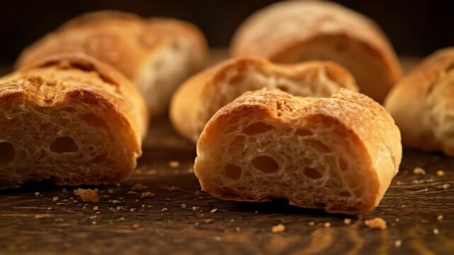 Rustic composition of freshly baked artisan bread, rolls, and broken baguette slices resting on a dark wooden surface, highlighted by dramatic lighting and golden, crusty texture.