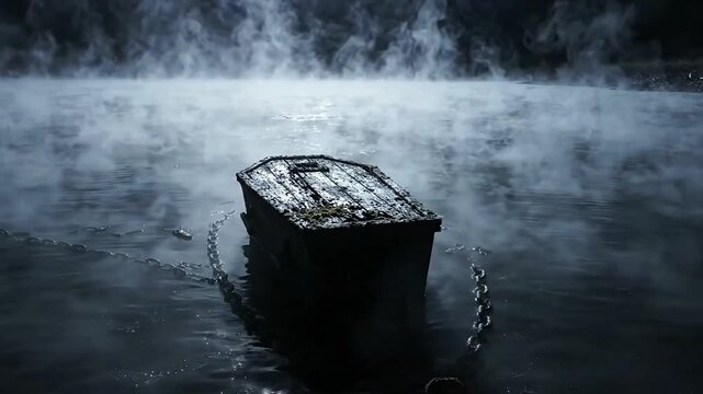 An eerie, old wooden coffin floats silently on a dark, misty lake, its chained presence hinting at a somber mystery beneath the shrouded surface, evoking a chilling sense of dread and suspense