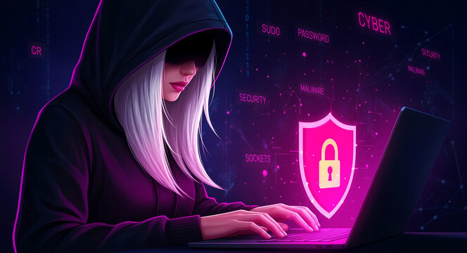 Female hacker in a hoodie using a laptop with digital neon graphics. Glowing pink shield and lock represent data protection and cyber defense. Ideal for internet safety and malware awareness.