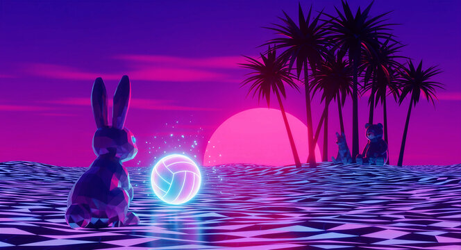 Low-poly rabbit looking at a glowing volleyball on synthwave terrain. Vibrant sunset with palm trees and a neon grid landscape. Retro 80s vaporwave aesthetic, ideal for digital art and gaming.