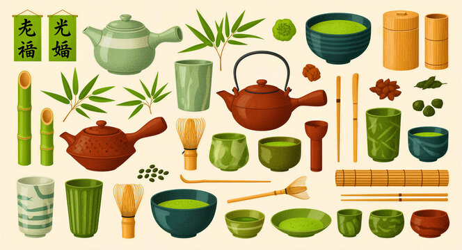 Japanese matcha tea ceremony icons featuring teapots and bowls. Elements include chawan, chasen, and kyusu with bamboo accents. Zen graphics ideal for wellness and Asian culinary menus.