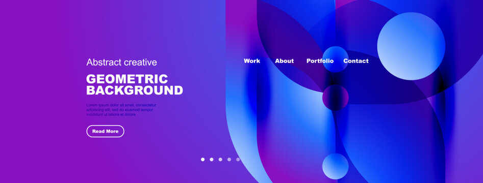 Modern website mockup displays vibrant geometric shapes, purple background. Navigation includes work, about, portfolio, contact options.
