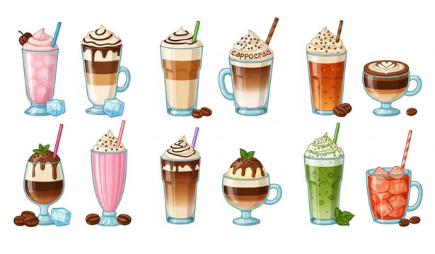 Assorted iced coffee and cold beverage set with latte mocha frappe and tea vector illustration style