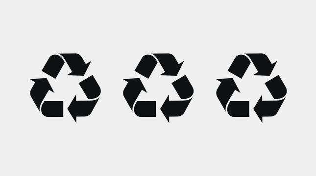 Triple recycling symbols, black arrows loop, sustainability concept, eco‑friendly design, environmental conservation, waste reduction, reuse materials, green awareness, modern illustration.