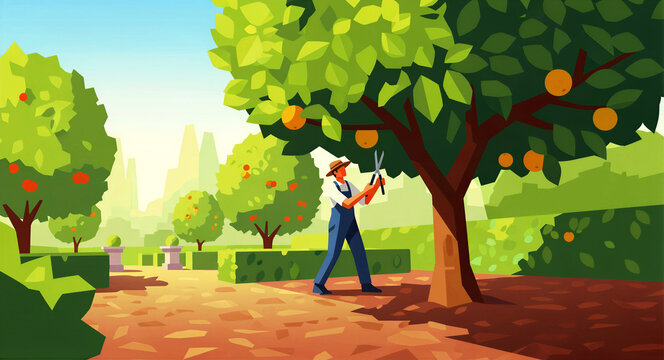 Gardener pruning orange tree in sunlit orchard. Farmer using shears to trim citrus branches in a garden. Agriculture concept ideal for landscaping marketing and harvest campaigns.