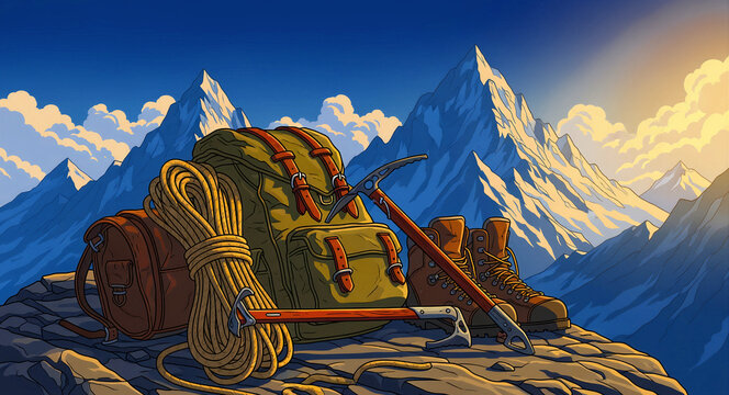 Mountaineering gear with a backpack, rope, and ice axe on a rocky peak. Climbing equipment set against snowy mountains at sunrise. Adventure concept for gear marketing and hiking campaigns.