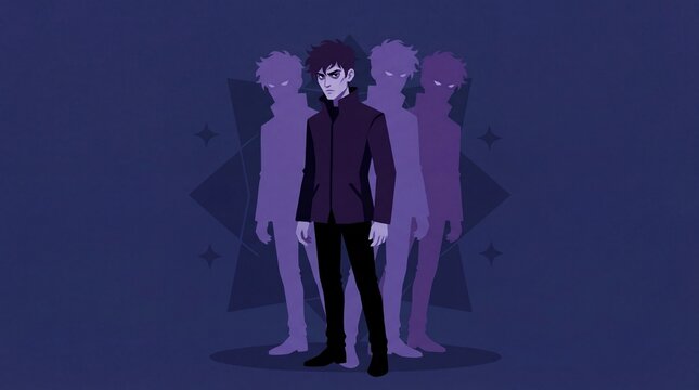 A cartoon man stands confidently in front of multiple shadowy duplicates of himself in a dark purple background