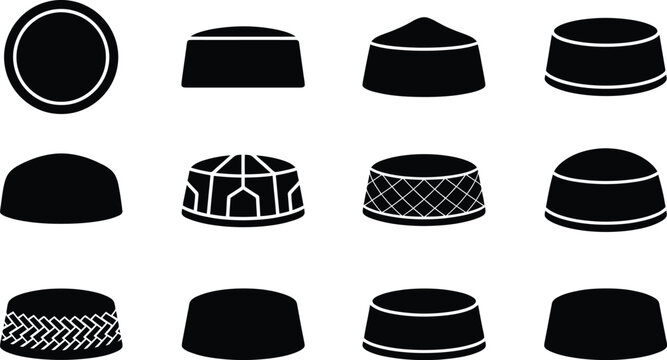 Twelve Black Islamic Caps or Kufi Hats Silhouettes with Diverse Styles on White Background taqiyah skullcap